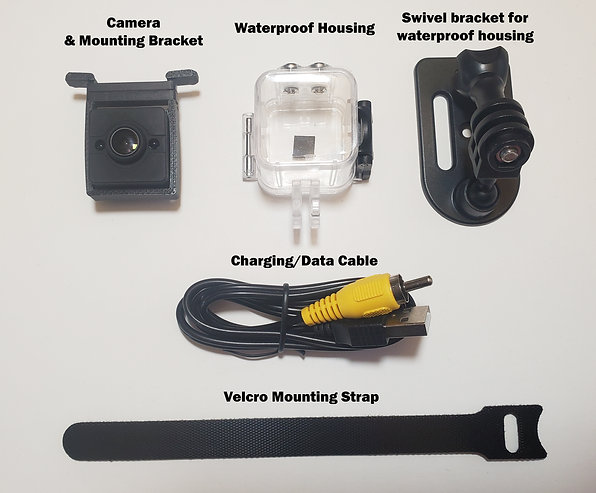Everything in the MrPetcam box: camera, mounts, waterproof housing, cable, strap